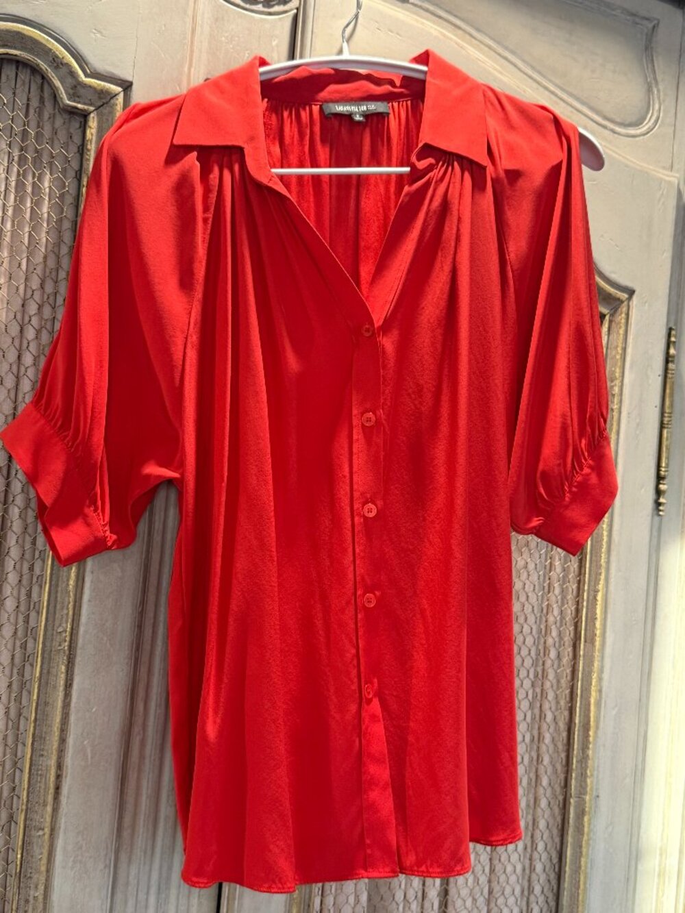 Lafayette 148 - 100% Silk Short Dolman Sleeve Collared Red Blouse Women’s Sz 8